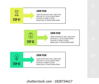 Vector infographic design with 3 rectangles with arrows. Flat template used for diagram, business, web, banner, workflow layout, presentations, content, levels, chart. Data visualization.