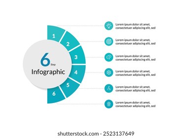 Design de Infográfico de Vetor com 6 Etapas Circulares: Perfeito para Apresentações, Diagramas de Processo, Layouts de Fluxo de Trabalho, Faixas e Gráficos de Informações. Uma abordagem limpa e moderna para a comunicação visual.