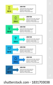 Vector infographic design with 7 rectangles with arrows. Flat template used for flowchart, info graph, timeline, content, levels, chart, processes diagram. Data visualization.