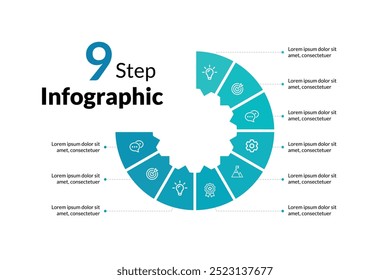 Design de Infográfico de Vetor com 9 Etapas Circulares: Perfeito para Apresentações, Diagramas de Processo, Layouts de Fluxo de Trabalho, Faixas e Gráficos de Informações. Uma abordagem limpa e moderna para a comunicação visual.