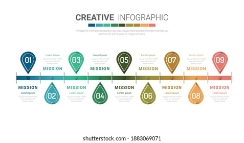 Diseño Infográfico Vector con 9 opciones o pasos. Infografía para el concepto de negocio. Se puede utilizar para presentaciones banner, diseño de flujo de trabajo, diagrama de procesos, diagrama de flujo, gráfico de información