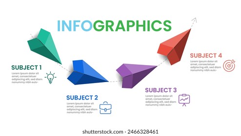 Vektorgrafik Infografik Design mit Pfeilen und 4 Themen oder Stufen. Infografiken für Geschäftskonzept. Kann für Präsentationen Banner, Workflow-Layout, Prozessdiagramm, Flussdiagramm, Infografik verwendet werden