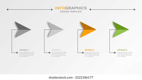 Projeto infográfico vetorial com setas ou aviões de papel. 4 opções ou etapas. Infográficos para conceitos de negócios ou instruções passo a passo