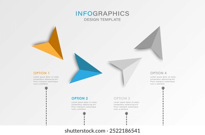 Diseño de infografía de Vector con flechas o aviones de papel. 4 opciones o pasos. Plantilla de diseño 3D.