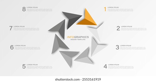 Vector infographic design with arrows or paper airplanes. 8 options or steps. 3d vector design template.