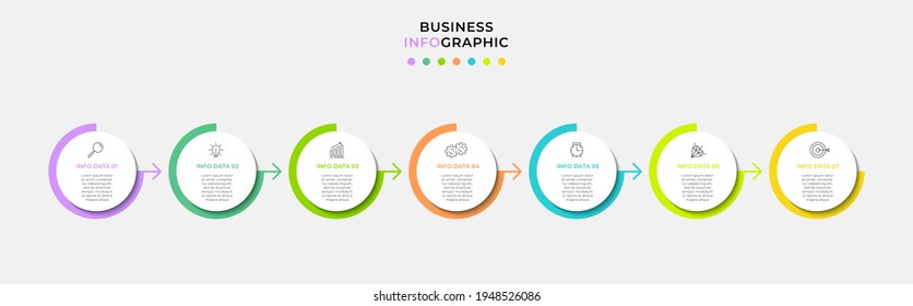 Vector Infografik Design Business Template mit Symbolen und 7 Optionen oder Schritten. Kann für Prozessdiagramm, Präsentationen, Workflow-Layout, Banner, Flussdiagramm, Info-Graphen verwendet werden