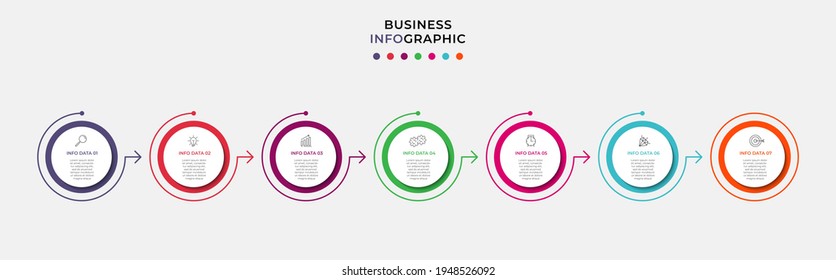 Vector Infografik Design Business Template mit Symbolen und 7 Optionen oder Schritten. Kann für Prozessdiagramm, Präsentationen, Workflow-Layout, Banner, Flussdiagramm, Info-Graphen verwendet werden