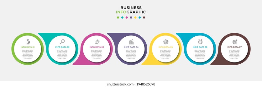Vector Infografik Design Business Template mit Symbolen und 7 Optionen oder Schritten. Kann für Prozessdiagramm, Präsentationen, Workflow-Layout, Banner, Flussdiagramm, Info-Graphen verwendet werden