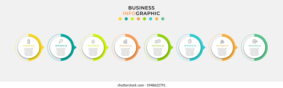 Plantilla de negocio de diseño de infografía vectorial con iconos y 8 opciones o pasos. Se puede utilizar para el diagrama de procesos, presentaciones, diseño de flujo de trabajo, banner, diagrama de flujo, gráfico de información
