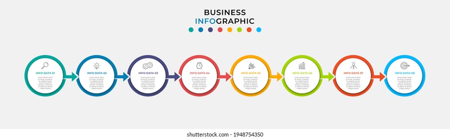 Plantilla de negocio de diseño de infografía vectorial con iconos y 8 opciones o pasos. Se puede utilizar para el diagrama de procesos, presentaciones, diseño de flujo de trabajo, banner, diagrama de flujo, gráfico de información