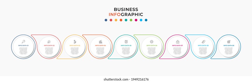 Plantilla de negocio de diseño de infografía vectorial con iconos y 9 opciones o pasos. Se puede utilizar para el diagrama de procesos, presentaciones, diseño de flujo de trabajo, banner, diagrama de flujo, gráfico de información