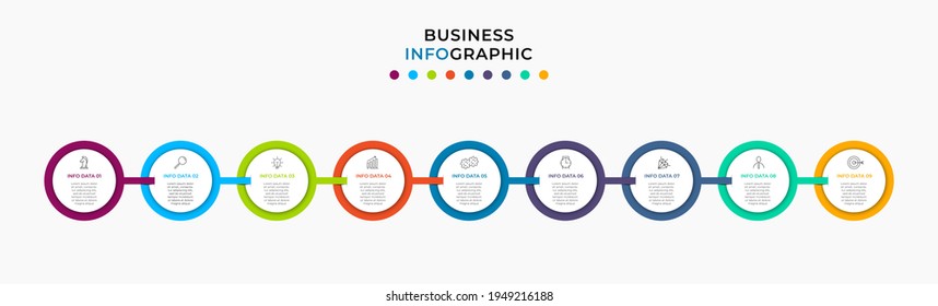 Vector Infografik Design Business Template mit Symbolen und 9 Optionen oder Schritten. Kann für Prozessdiagramm, Präsentationen, Workflow-Layout, Banner, Flussdiagramm, Info-Graphen verwendet werden