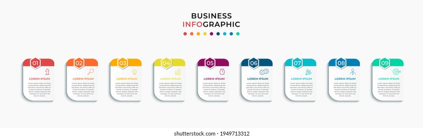 Vector Infographic design business template with icons and 9 options or steps. Can be used for process diagram, presentations, workflow layout, banner, flow chart, info graph