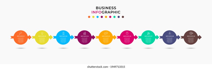 Vector Infographic design business template with icons and 9 options or steps. Can be used for process diagram, presentations, workflow layout, banner, flow chart, info graph