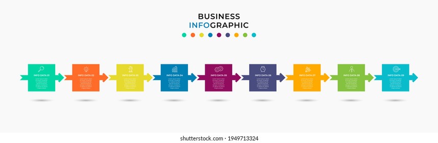 Plantilla de negocio de diseño de infografía vectorial con iconos y 9 opciones o pasos. Se puede utilizar para el diagrama de procesos, presentaciones, diseño de flujo de trabajo, banner, diagrama de flujo, gráfico de información