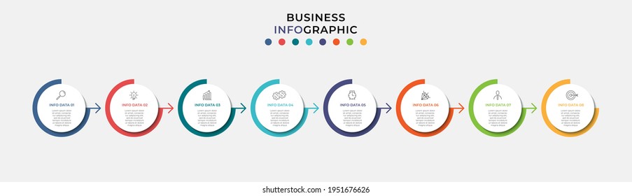Vector Infografik Design Business Template mit Symbolen und 8 Optionen oder Schritten. Kann für Prozessdiagramm, Präsentationen, Workflow-Layout, Banner, Flussdiagramm, Info-Graphen verwendet werden