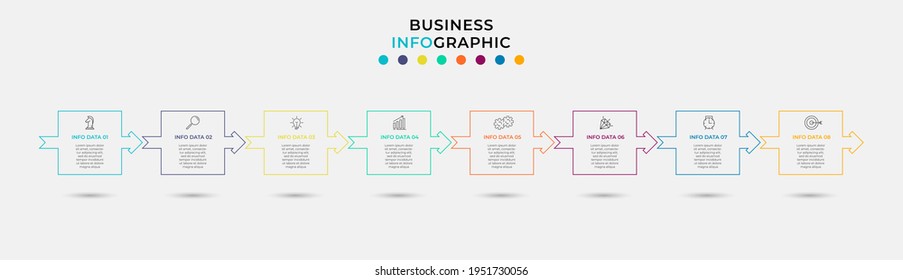 Plantilla de negocio de diseño de infografía vectorial con iconos y 8 opciones o pasos. Se puede utilizar para el diagrama de procesos, presentaciones, diseño de flujo de trabajo, banner, diagrama de flujo, gráfico de información