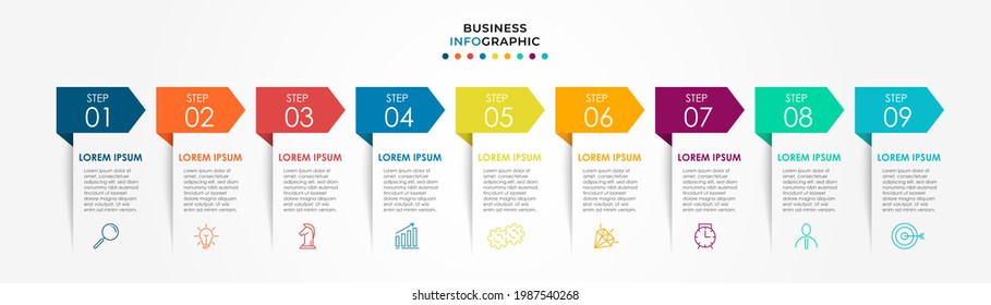 Vector Infographic design business template with icons and 9 options or steps. Can be used for process diagram, presentations, workflow layout, banner, flow chart, info graph