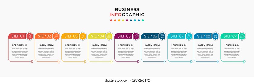 Vector Infographic design business template with icons and 9 options or steps. Can be used for process diagram, presentations, workflow layout, banner, flow chart, info graph