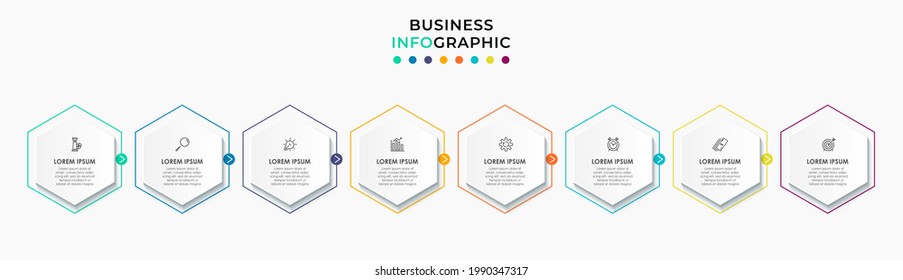 Vector Infografik Design Business Template mit Symbolen und 8 Optionen oder Schritten. Kann für Prozessdiagramm, Präsentationen, Workflow-Layout, Banner, Flussdiagramm, Info-Graphen verwendet werden