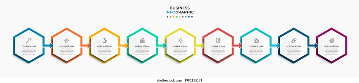 Vector Infographic design business template with icons and 9 options or steps. Can be used for process diagram, presentations, workflow layout, banner, flow chart, info graph