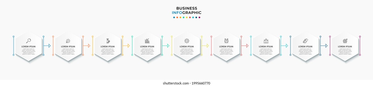 Vector Infographic design business template with icons and 9 options or steps. Can be used for process diagram, presentations, workflow layout, banner, flow chart, info graph