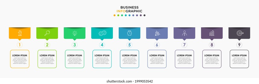 Vector Infographic design business template with icons and 9 options or steps. Can be used for process diagram, presentations, workflow layout, banner, flow chart, info graph