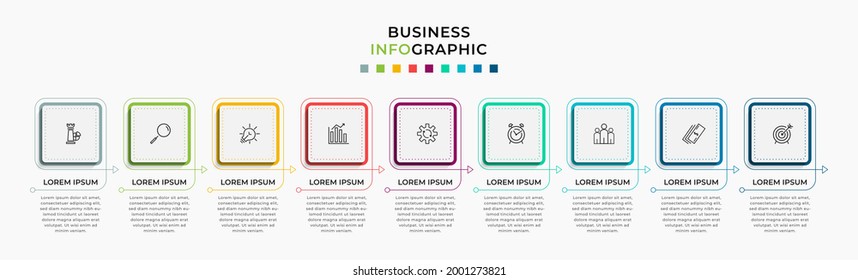 Vector Infographic design business template with icons and 9 options or steps. Can be used for process diagram, presentations, workflow layout, banner, flow chart, info graph