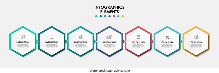 Vector Infografik Design Business Template mit Symbolen und 7 Optionen oder Schritten. Kann für Prozessdiagramm, Präsentationen, Workflow-Layout, Banner, Flussdiagramm, Info-Graphen verwendet werden