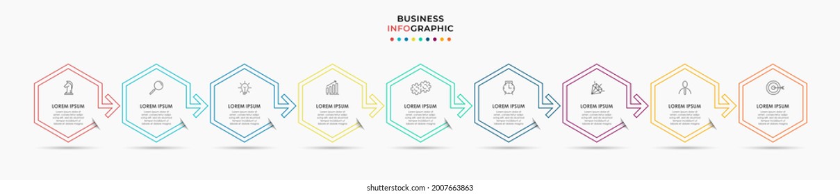 Vector Infografik Design Business Template mit Symbolen und 9 Optionen oder Schritten. Kann für Prozessdiagramm, Präsentationen, Workflow-Layout, Banner, Flussdiagramm, Info-Graphen verwendet werden