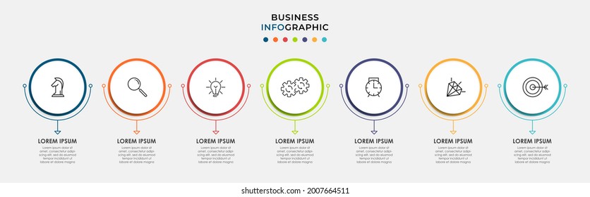Vector Infografik Design Business Template mit Symbolen und 7 Optionen oder Schritten. Kann für Prozessdiagramm, Präsentationen, Workflow-Layout, Banner, Flussdiagramm, Info-Graphen verwendet werden