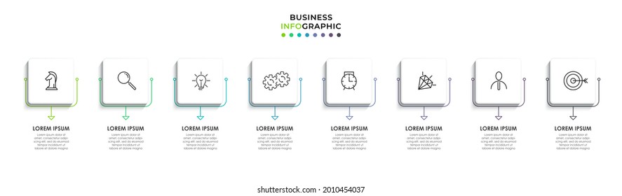 Plantilla de negocio de diseño de infografía vectorial con iconos y 8 opciones o pasos. Se puede utilizar para el diagrama de procesos, presentaciones, diseño de flujo de trabajo, banner, diagrama de flujo, gráfico de información