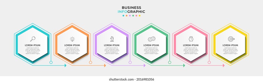 Vector Infografik Design Business Template mit Symbolen und 6 Optionen oder Schritten. Kann für Prozessdiagramm, Präsentationen, Workflow-Layout, Banner, Flussdiagramm, Info-Graphen verwendet werden