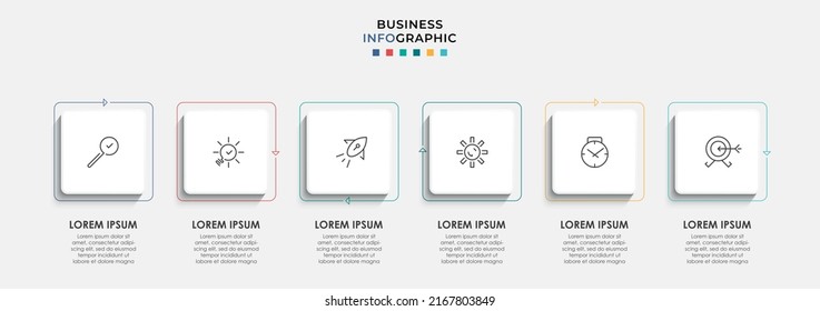 Vector Infografik Design Business Template mit Symbolen und 6 Optionen oder Schritten. Kann für Prozessdiagramm, Präsentationen, Workflow-Layout, Banner, Flussdiagramm, Info-Graphen verwendet werden