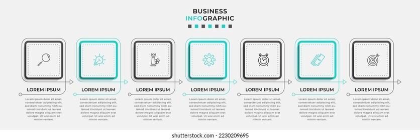 Plantilla de negocio de diseño de infografía vectorial con iconos y 7 opciones o pasos. Se puede utilizar para el diagrama de procesos, presentaciones, diseño de flujo de trabajo, banner, diagrama de flujo, gráfico de información