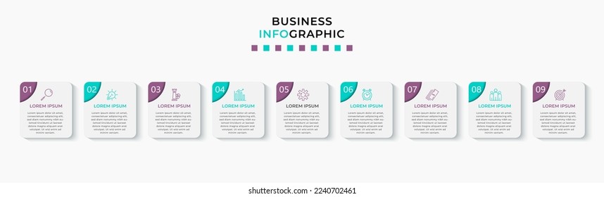 Vector Infographic design business template with icons and 9 options or steps. Can be used for process diagram, presentations, workflow layout, banner, flow chart, info graph