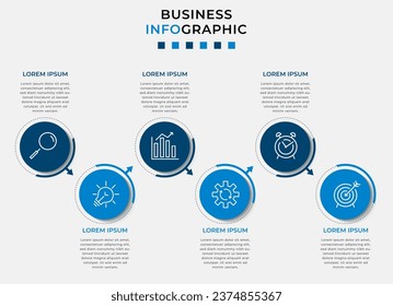 Vector Infografik Design Business Template mit Symbolen und 6 Optionen oder Schritten. Kann für Prozessdiagramm, Präsentationen, Workflow-Layout, Banner, Flussdiagramm, Info-Graphen verwendet werden