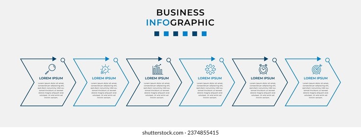 Vector Infografik Design Business Template mit Symbolen und 6 Optionen oder Schritten. Kann für Prozessdiagramm, Präsentationen, Workflow-Layout, Banner, Flussdiagramm, Info-Graphen verwendet werden