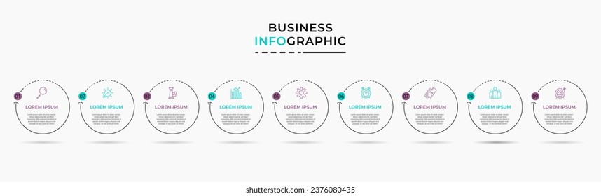 Plantilla de negocio de diseño de infografía vectorial con iconos y 9 opciones o pasos. 