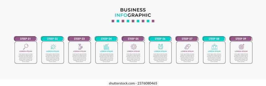 Plantilla de negocio de diseño de infografía vectorial con iconos y 9 opciones o pasos. 