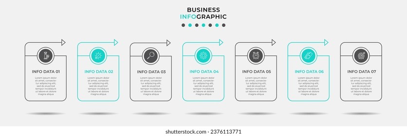 Vector Infografik Design Business Template mit Symbolen und 7 Optionen oder Schritten. Kann für Prozessdiagramm, Präsentationen, Workflow-Layout, Banner, Flussdiagramm, Info-Graphen verwendet werden