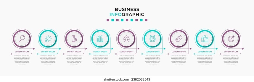 Vector Infografik Design Business Template mit Symbolen und 9 Optionen oder Schritten.