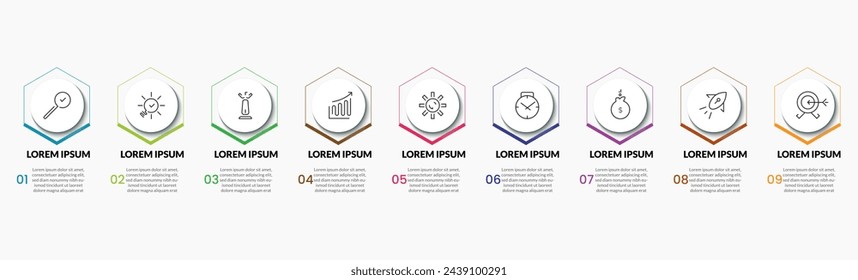 Vektor-Infografik-Design-Geschäftsvorlage mit Symbolen und 9 Optionen oder Schritten. Quadratisches Design oder Diagramm
