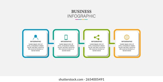 Modelo de negócios de design de Infográfico de Vetor com ícones e 4 opções ou etapas. Pode ser usado para diagrama de processo, apresentações, layout de fluxo de trabalho, banner, fluxograma, gráfico de informações