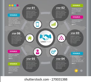 Vector Infographic design circles with world map on the grey background. Eps 10. Can be used for diagram, banner, number options, workflow layout, step up options or web design.