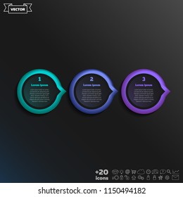 Vector infographic design with colorful circle on the black background. Business concept. 3 options, parts, steps. Can be used for graph, diagram, chart, workflow layout, number options, web