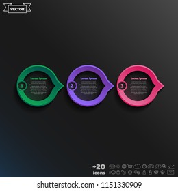 Vector infographic design with colorful circle on the black background. Business concept. 3 options, parts, steps. Can be used for graph, diagram, chart, workflow layout, number options, web