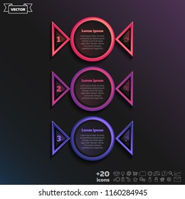 Vector infographic design with colorful circle on the black background. Business concept. 3 options, parts, steps. Can be used for graph, diagram, chart, workflow layout, number options, web
