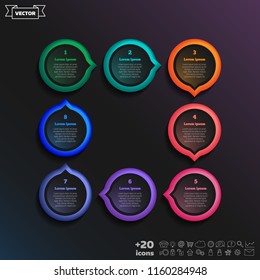 Vector infographic design with colorful circle on the black background. Business concept. 8 options, parts, steps. Can be used for graph, diagram, chart, workflow layout, number options, web