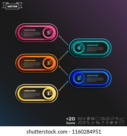 Vector infographic design with colorful circle on the black background. Business concept. 5 options, parts, steps. Can be used for graph, diagram, chart, workflow layout, number options, web